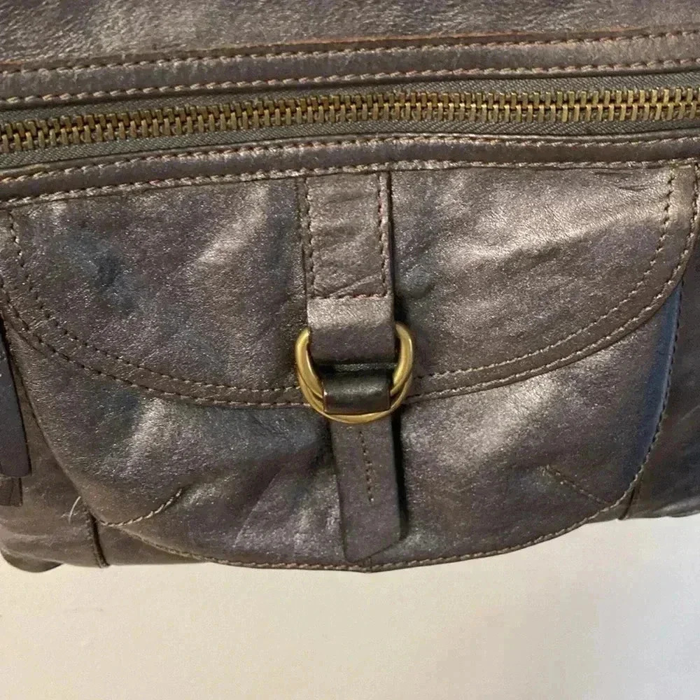 Fossil Leather Grey Rustic Crossbody Shoulder Bag Purse ~ Brass Hardware - Picture 3 of 14